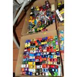 A QUANTITY OF UNBOXED AND ASSORTED PLAYWORN MODERN DIECAST VEHICLES, to include a number of film, TV