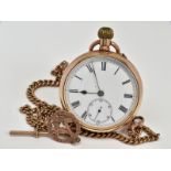 A GOLD PLATED OPEN FACED POCKET WATCH, 9ct gold Albert chain, fob and T-bar, the pocket watch with a