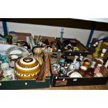 FIVE BOXES AND LOOSE MISCELLANEOUS CERAMICS to include vases, bowls, trinkets, lamp bases, some