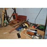 THREE TRAYS OF METALWARE AND MISCELLANEOUS together with three metal tool chests and a child's