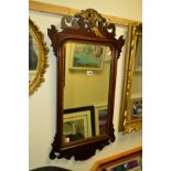 AN EARLY 20TH CENTURY MAHOGANY FRETWORK WALL MIRROR with a gilt carved painted Phoenix, 57cm x