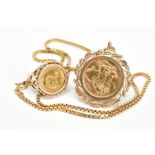 A KRUGERRAND RING AND SOVEREIGN PENDANT NECKLACE, the 1984 1/10oz Krugerrand sovereign in a 9ct ring
