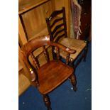 AN EARLY 20TH CENTURY AND LATER OAK AND MAHOGANY SMOKERS CHAIRS with turned spindles and a dish seat