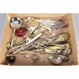 A SMALL QUANTITY OF COSTUME JEWELLERY, loose, stainless silver and plated cutlery, folding pen