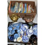 TWO BOXES AND LOOSE OF BOOKS, CERAMICS AND METALWARE, to include Blue Peter BBC TV books etc,