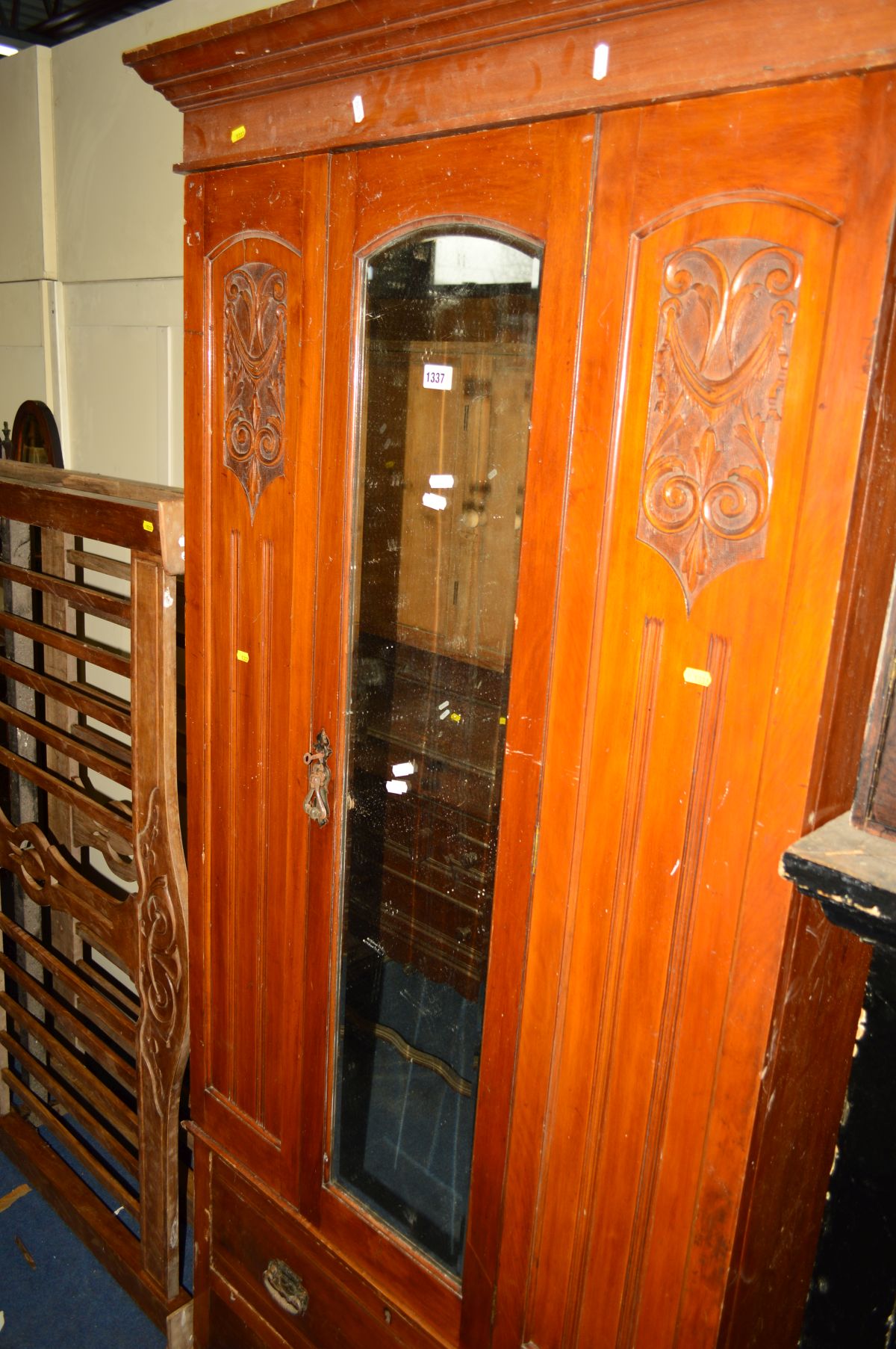AN EDWARDIAN SATINWOOD SINGLE MIRROR DOOR WARDROBE, with a single drawer, together with a similar