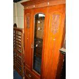 AN EDWARDIAN SATINWOOD SINGLE MIRROR DOOR WARDROBE, with a single drawer, together with a similar