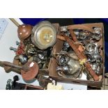 TWO BOXES AND LOOSE OF METALWARE, EPNS ETC, including a Goddell & Pratt cast iron drill stand,