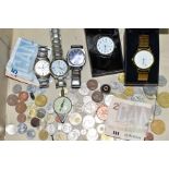 A SELECTION OF COINS AND WATCHES, the watches include three Sekonda, two with maker's boxes, one