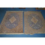 A PAIR OF MID TO LATE 20TH CENTURY VISCOSE CHIRAZ STYLE RUSSET AND DARK BLUE GROUND RUGS, 200cm x