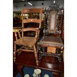A LATE 19TH CENTURY OAK AND MAHOGANY LADDER BACK ARMCHAIR together with a carved oak hall chair lion
