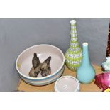SIX PIECES POOLE POTTERY, to include free form bud vase, shape No697, PJL to base, height 26cm, a