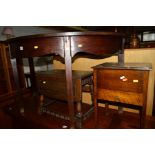 A GEORGIAN MAHOGANY D END TABLE SECTION together with an oak sewing box, drop leaf occasional