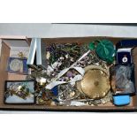 A SELECTION OF COSTUME JEWELLERY etc, to include a circular Zenette compact, a Butler & Wilson owl