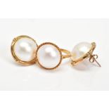 A PAIR OF MABE PEARL EARRINGS AND A RING, the earrings designed as half round cultured pearls within