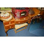 A WALNUT DRESSING TABLE with five drawers together with two various stools, French armchair,