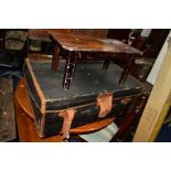 A FINNIGANS, MANCHESTER AND LIVERPOOL BLACK GROUND AND BROWN LEATHER BOUND TRAVELLING TRUNK, width