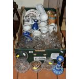 A BOX AND LOOSE OF CERAMICS AND GLASSWARES, to include Dartington cut glass vase, Stuart crystal