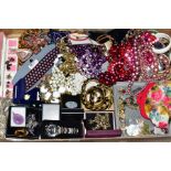 A BOX OF COSTUME JEWELLERY, to include imitation pearl necklaces, a bone china flower stickpin, an