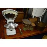 A VINTAGE AVERY GROCERY SCALE together with C W Brecknell balance scale, brass jam pan, brass