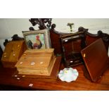 AN OAK SLOPPED TWO DOOR DESK ORGANISER with inkwells, together with an oak desk top slope, brass