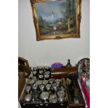 A BOX AND LOOSE OF OLD HALL STAINLESS STEEL TEA POTS, COFFEE POTS AND WATER JUGS, a Singer No99