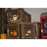 THREE BROWN PAINTED METAL AMMUNITION CRATES (3)