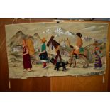 A 20TH CENTURY NEEDLEWORK TAPESTRY of a Tibetan tribal scene, 137cm x 73cm together with an oak