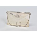 A GEORGE V SILVER CARDCASE OF ENVELOPE FORM, engraved initials, gilt interior, on chain with