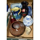 ONE BOX OF CERAMICS AND A CRANBERRY GLASS BELL, to include two Chinese blue and white plates with