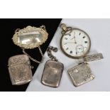 THREE SILVER VESTA CASES, A SILVER POCKET WATCH AND A SILVER BRANDY LABEL, the late 19th to early