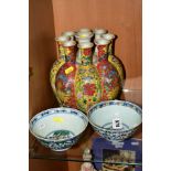 A 20TH CENTURY CHINESE PORCELAIN NINE BOTTLE SHAPED VASE, height 21.5cm together with two 20th