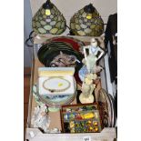 A BOX AND LOOSE CERAMICS, LAMPS, etc, to include novelty shaped chess pieces (Medieval), cased