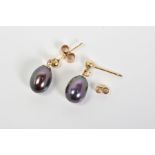 A PAIR OF PEARL DROP EARRINGS, each designed with a cultured black pearl drop suspended from post