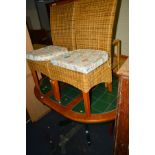 A MODERN GREEN TILE TOPPED PEDESTAL EXTENDING DINING TABLE, and four wicker chairs (5)