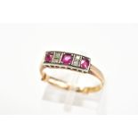 A RUBY AND DIAMOND RING, designed with three circular cut rubies interspaced by four single cut