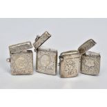 FOUR VICTORIAN, EDWARDIAN AND GEORGE V SILVER VESTA CASES, all of rectangular form with foliate