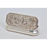 A LATE VICTORIAN SILVER TRINKET BOX OF SHAPED RECTANGULAR FORM, the hinged lid repousse decorated