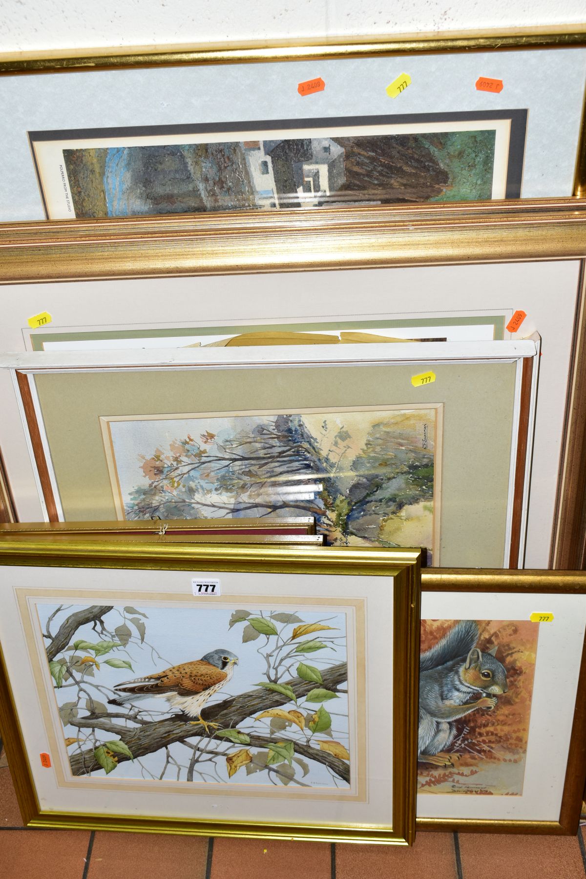 PAINTINGS AND PRINTS ETC, to include a watercolour of a kestrel by Derek Rowson, framed, gray