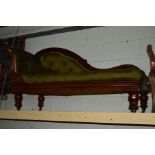 A VICTORIAN MAHOGANY CHAISE LONGUE with scrolled ends covered in green draylon upholstery, width