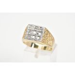 A 9CT GOLD DIAMOND SIGNET RING, set with nine brilliant cut diamonds and textured shoulders,