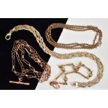 TWO NECKLACES AND TWO BRACELETS, the first necklace a fancy link chain with T-bar pendant, length