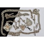 A SELECTION OF ALBERT CHAINS, MEDALS, LOOSE T-BARS AND CLASPS, to include three silver medals, three