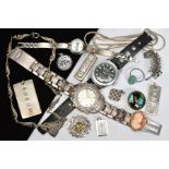 A SELECTION OF SILVER AND WHITE METAL JEWELLERY AND WATCHES, to include two gentleman's watches