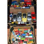 A QUANTITY OF UNBOXED AND ASSORTED PLAYWORN DIECAST VEHICLES, to include Matchbox, Corgi, Burago,