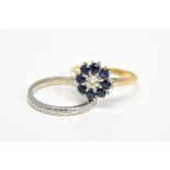 TWO RINGS, the first a diamond and sapphire cluster, stamped 18ct Plat, ring size L1/2,