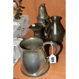 FOUR PIECES OF PEWTER, to include 'Mayflower' pewter hammered tankard, height 11cm, a Galatoff