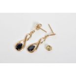 A PAIR OF DROP EARRINGS, each designed with a pear cut sapphire within an infinity loop design, to