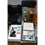 A BECK LTD BOXED MICROSCOPE, two cased battery microscopes and slides, cased 'Realistic' scanning