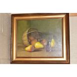FRANCISCO DOMINGO SEGURA (1893-1974) a still life, wicker basket and pears, tumbler of wine to the